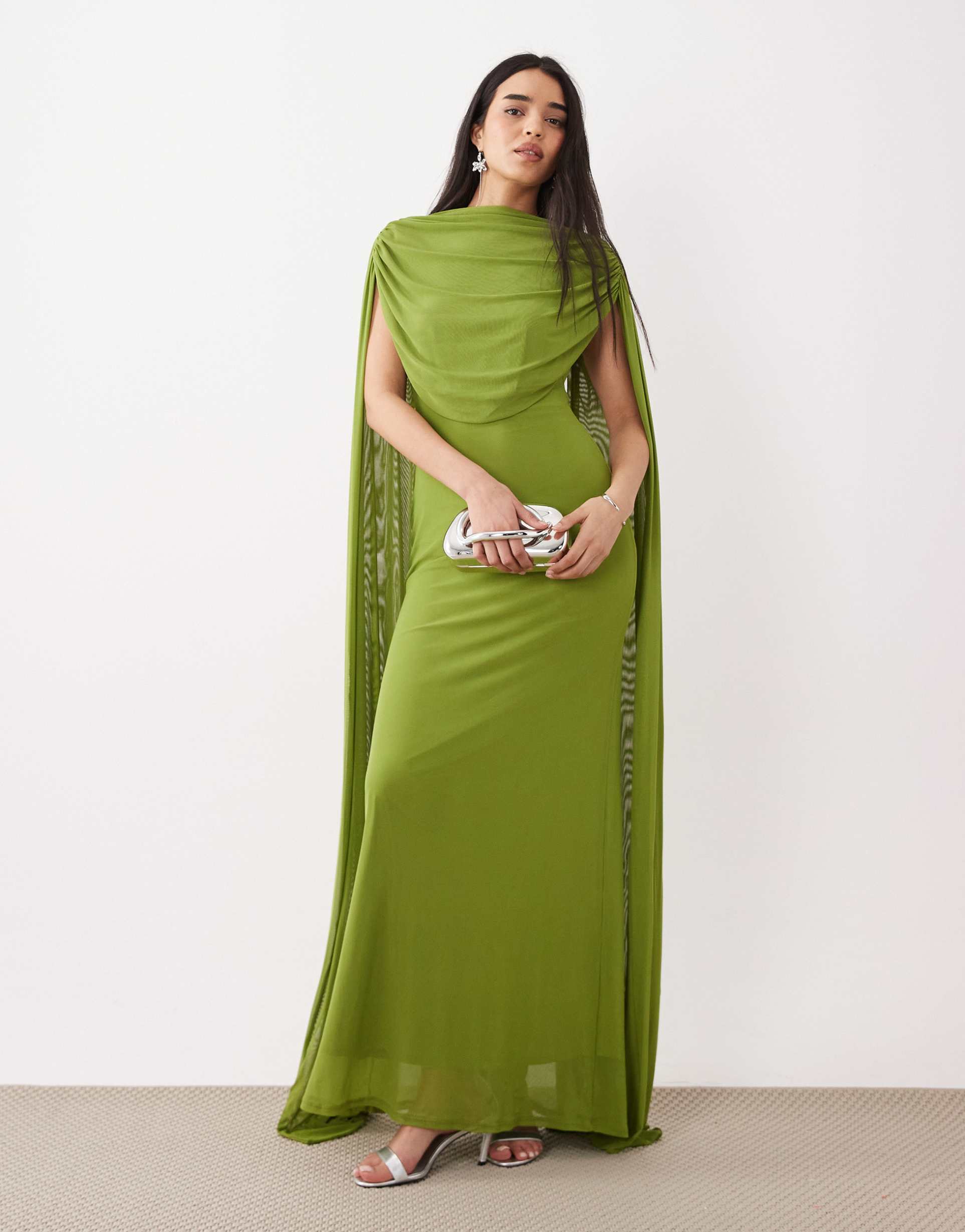 asos design mesh cape draped maxi dress in green