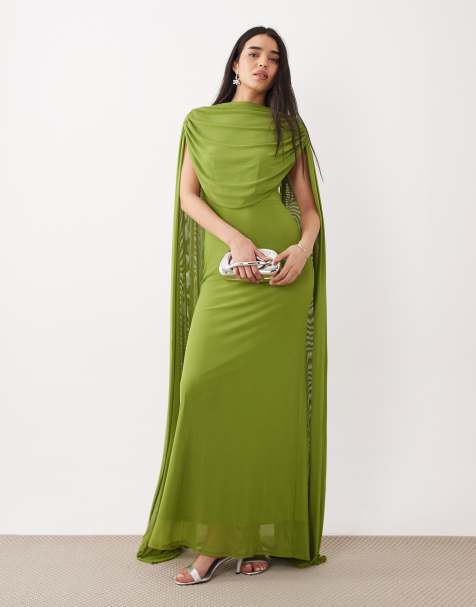 ASOS DESIGN mesh cape draped maxi dress in green
