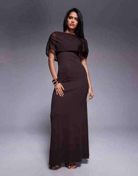 ASOS DESIGN mesh cape maxi dress in chocolate brown - view 1
