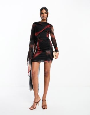 ASOS DESIGN asymmetric one sleeve mesh ruched midi dress in red smudge  print-Multi, Compare