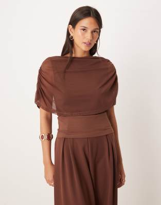 Asos Design Mesh Cape Top In Brown