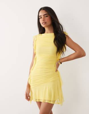 Asos Design Mesh Cascading Frill Mini Dress With Ruching In Yellow