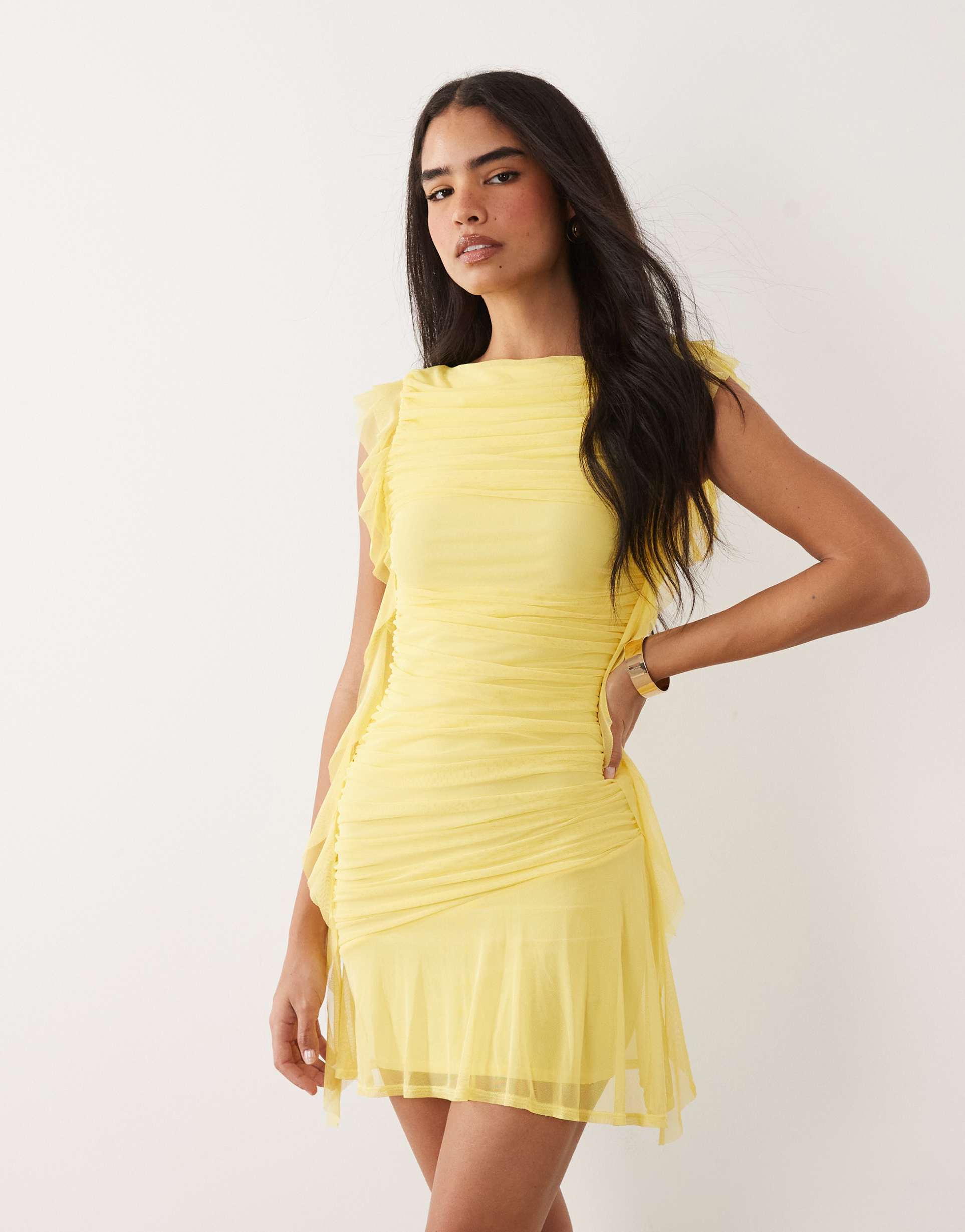asos design mesh cascading frill mini dress with ruching in lemon