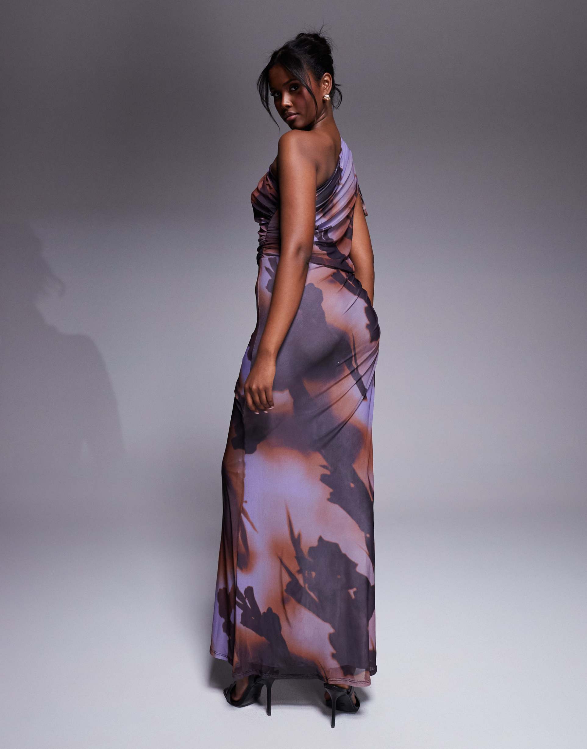 asos design mesh channeled tie one shoulder midi dress with slash cut out in blurred purple print