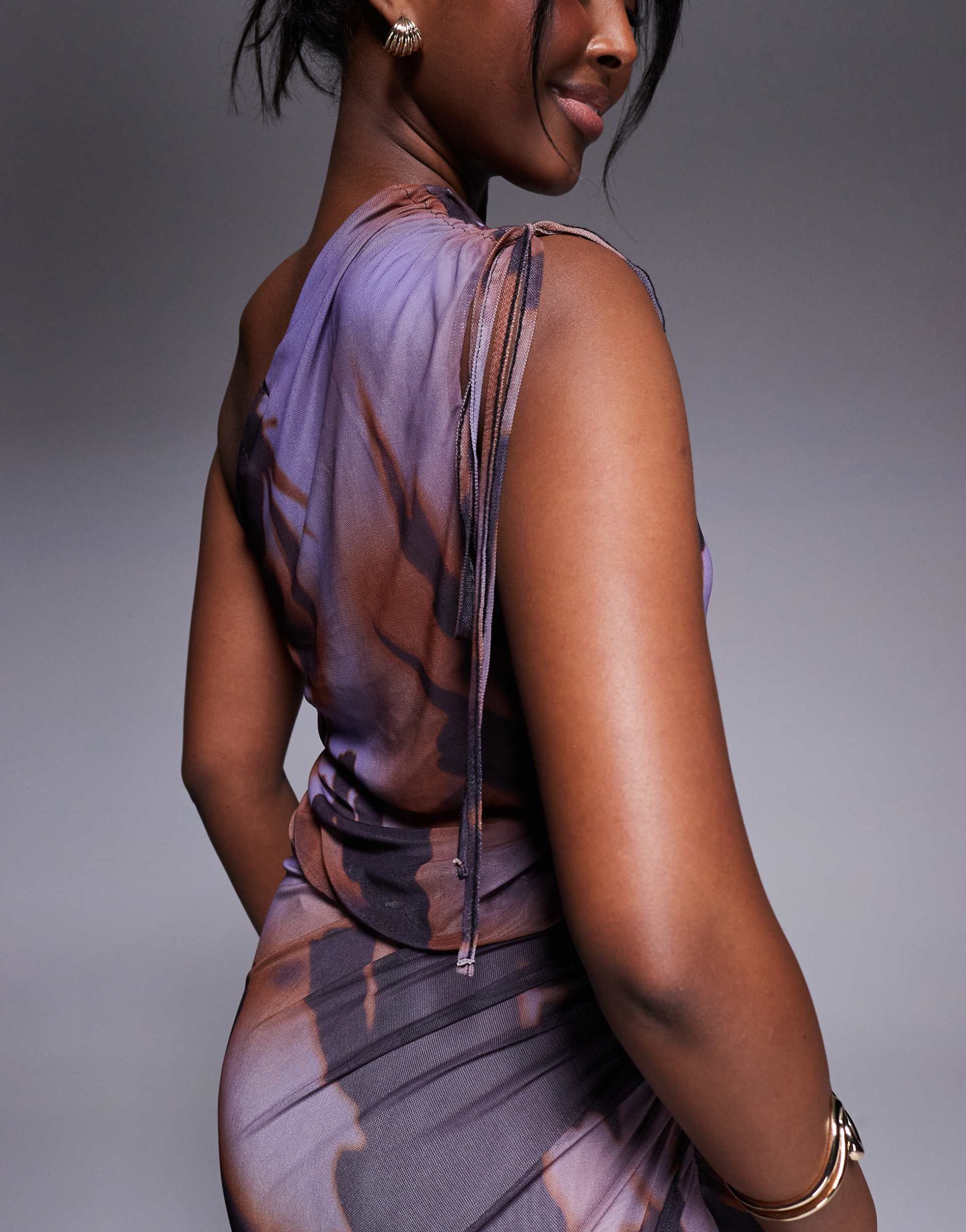 asos design mesh channeled tie one shoulder midi dress with slash cut out in blurred purple print