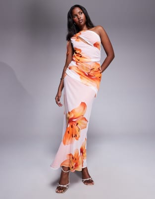 ASOS DESIGN ASOS DESIGN mesh channelled tie one shoulder midi dress with slash cut out in white floral print-Multi