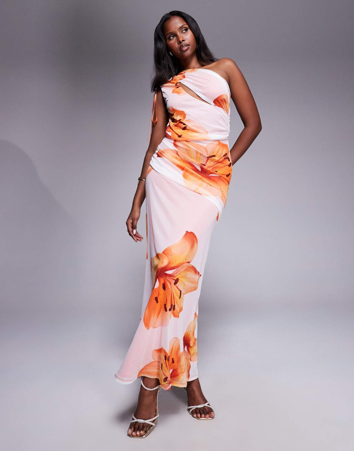 ASOS DESIGN mesh channelled tie one shoulder midi dress with slash cut out in white floral print