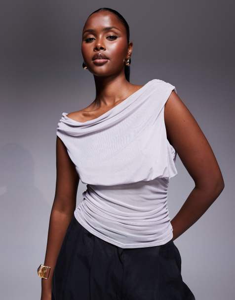 ASOS DESIGN mesh cinch waist top in grey - view 1