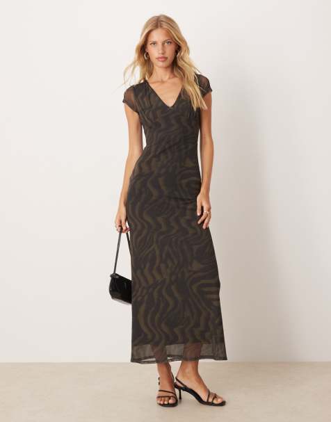 ASOS DESIGN mesh collared puff sleeve midi tea dress in animal print - view 1