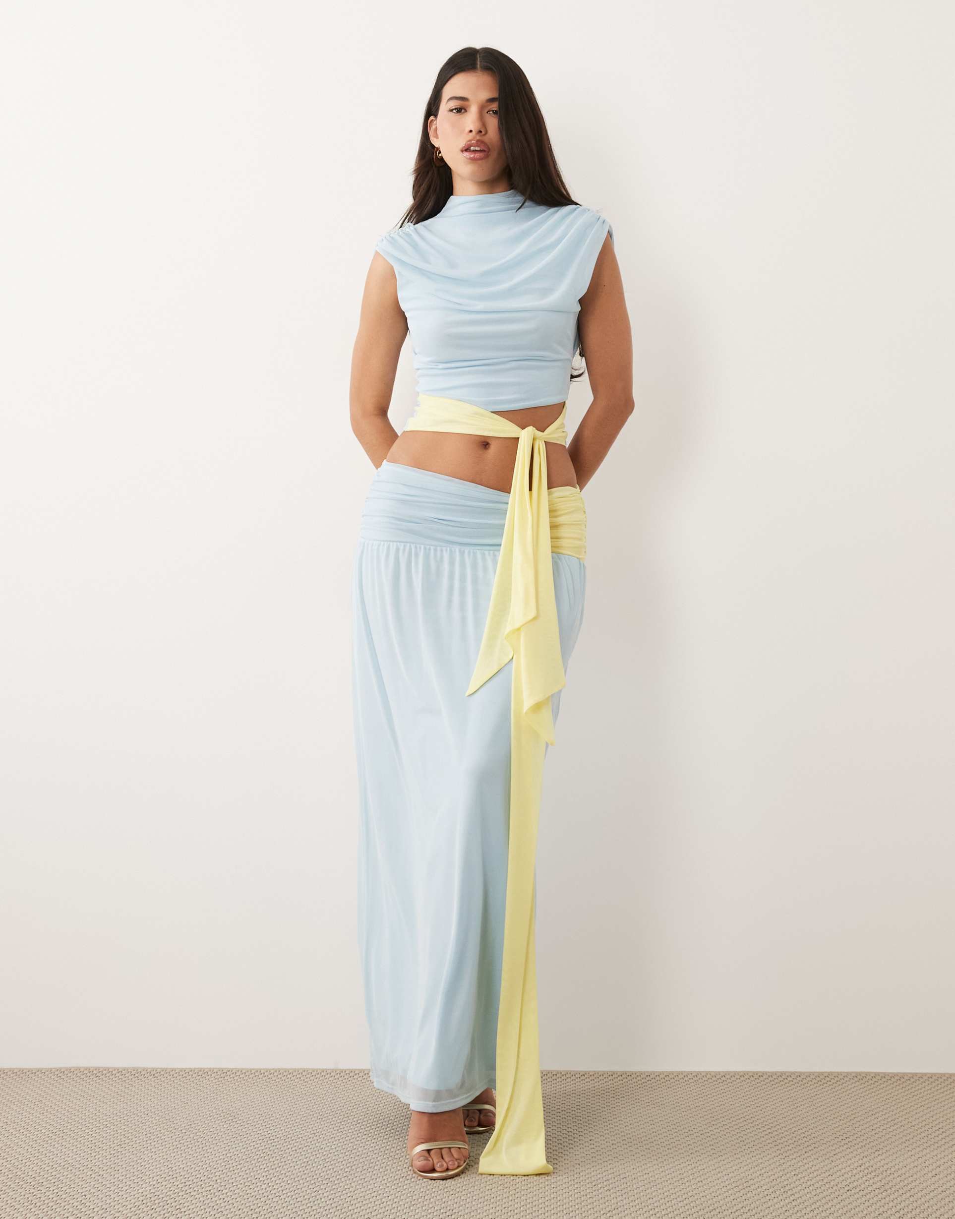 asos design mesh color block maxi skirt with sash in blue - part of a set
