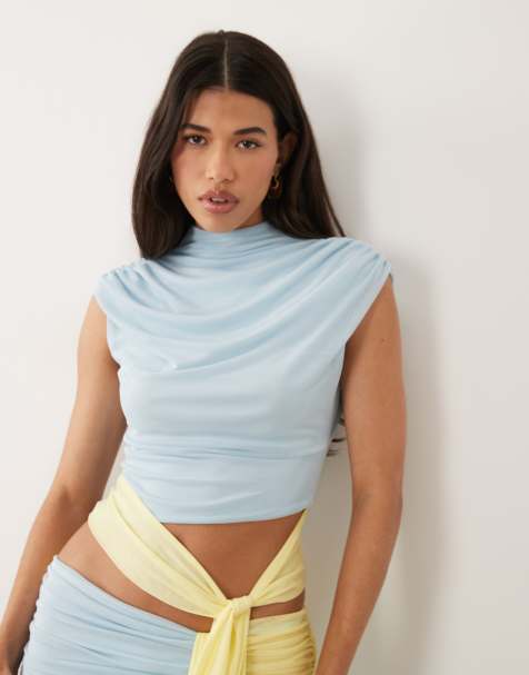 ASOS DESIGN mesh colour block high neck top in blue - view 1