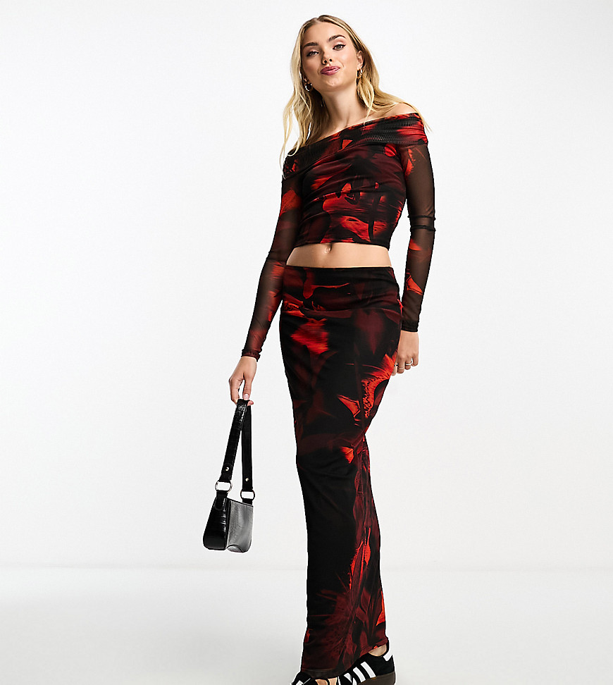 ASOS DESIGN mesh column maxi skirt in red floral-Multi