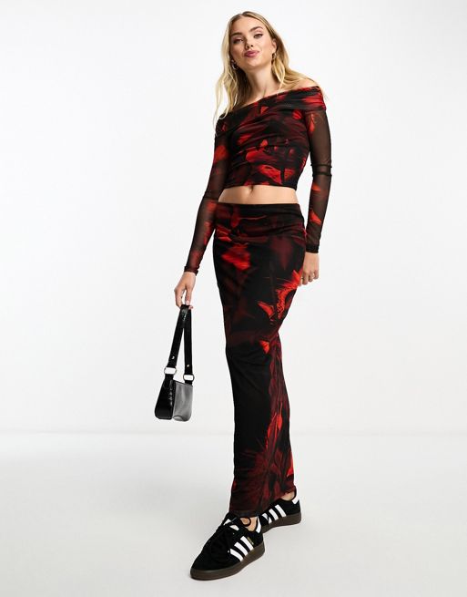 ASOS DESIGN mesh column maxi skirt in red floral | ASOS