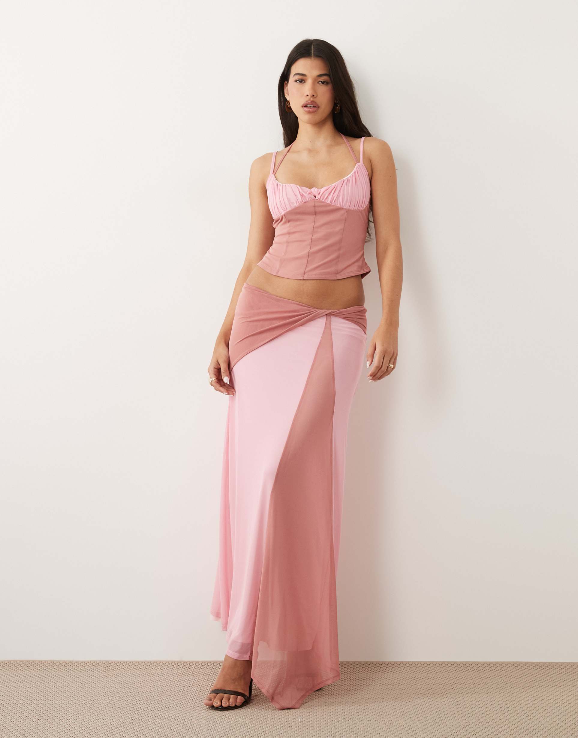 asos design mesh contrast midi skirt with waist detail in pink - part of a set