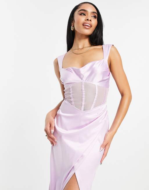 ASOS DESIGN mesh corset midi dress in satin lilac