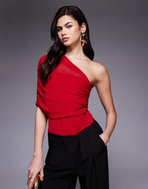 ASOS DESIGN mesh corset top with asymmetric cape overlay in red - view 1