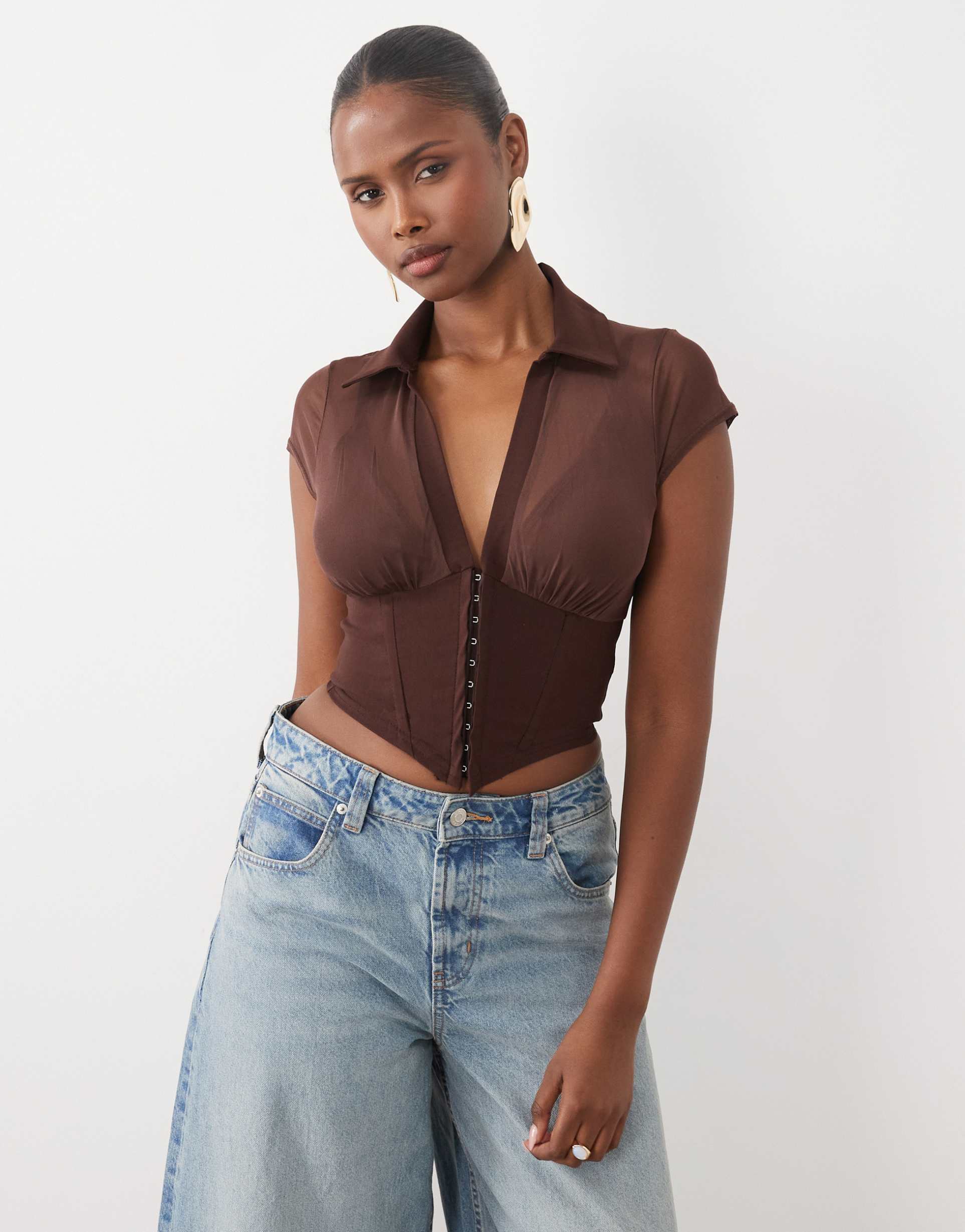 asos design mesh corset top with bengaline hook and eye waist in brown