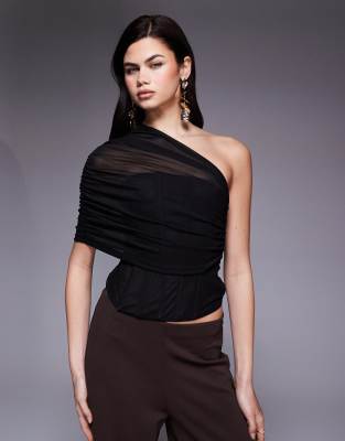 Asos Design Mesh Corset With Asymmetric Cape Overlay In Black