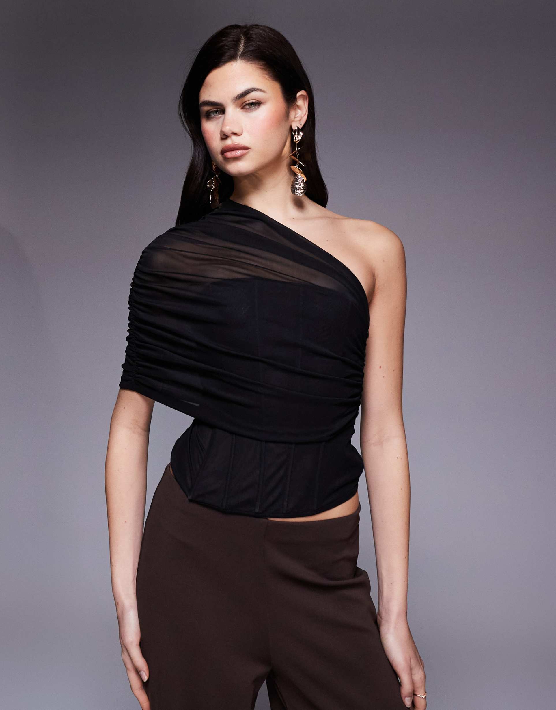 asos design mesh corset with asymmetric cape overlay in black