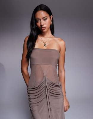 Asos Design Mesh Corsetted Bandeau Maxi Dress In Brown