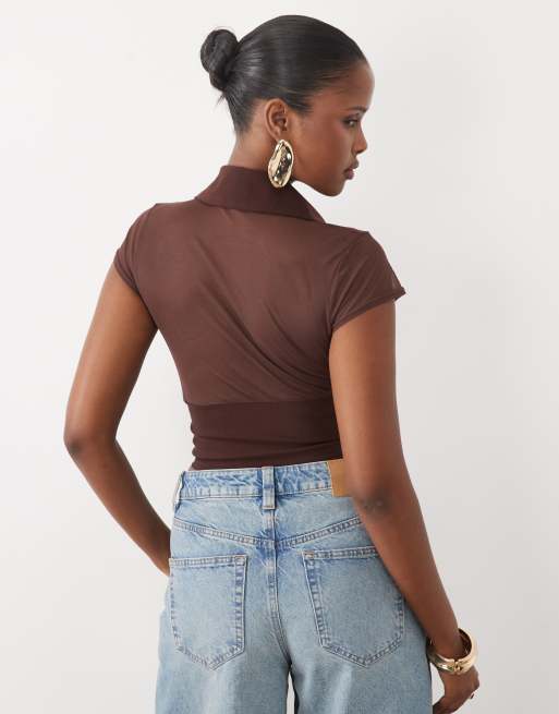 ASOS DESIGN mesh corsettop met bengaline haak- en oogsluiting in bruin, 4 van 4