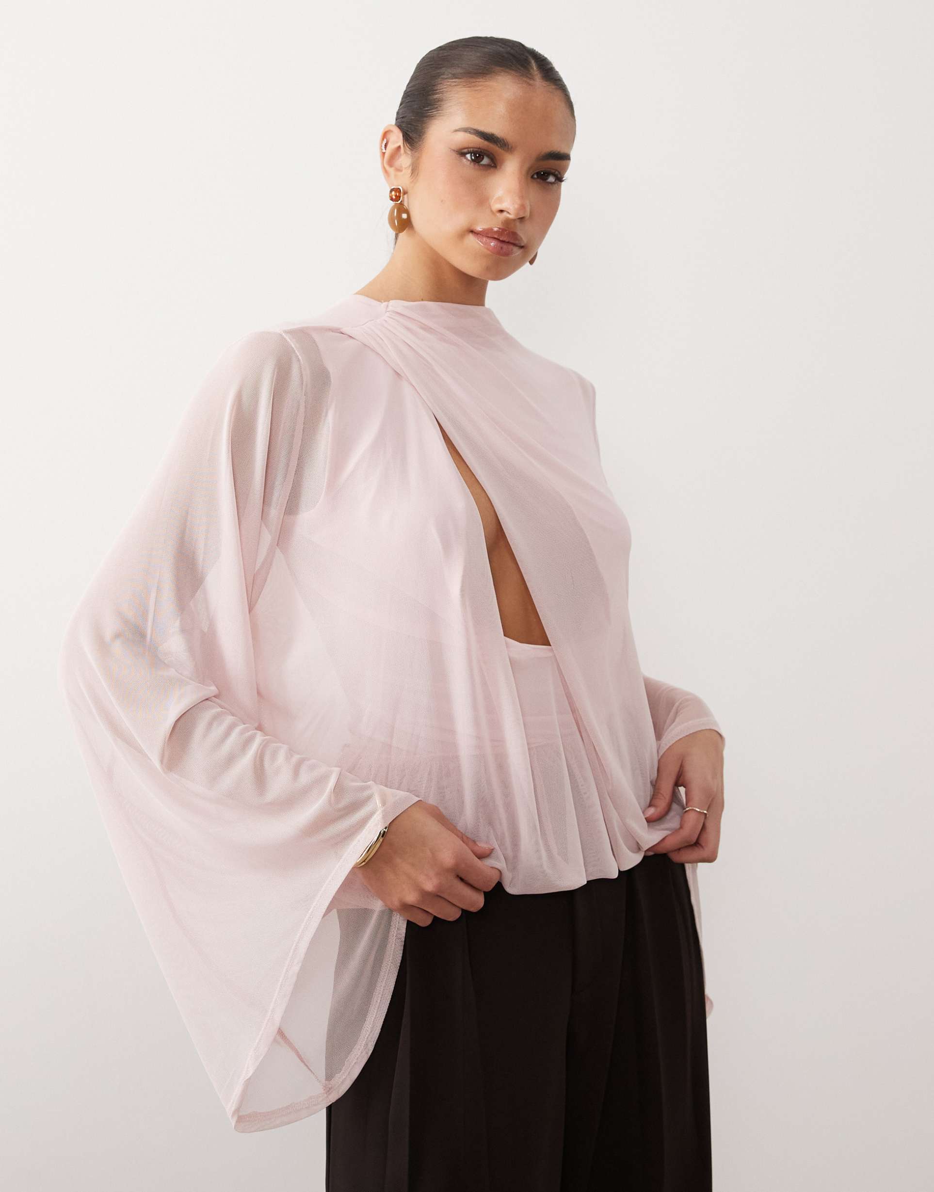 asos design mesh cowl drape blouson mesh top in pink