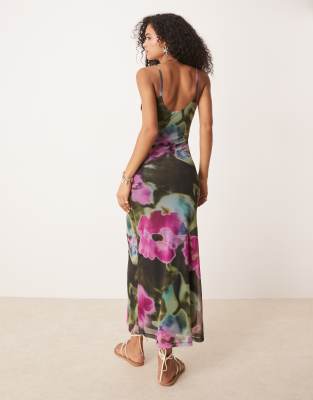 Asos Design Mesh Cowl Floral Printed Midi Dress-black
