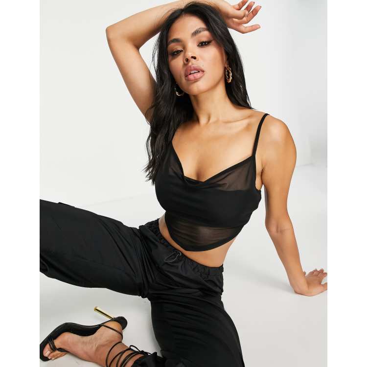 ASOS DESIGN mesh cowl neck cami top in black - BLACK