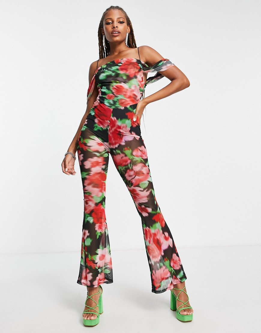ASOS DESIGN mesh cowl neck jumpsuit with flare leg in floral print-Multi