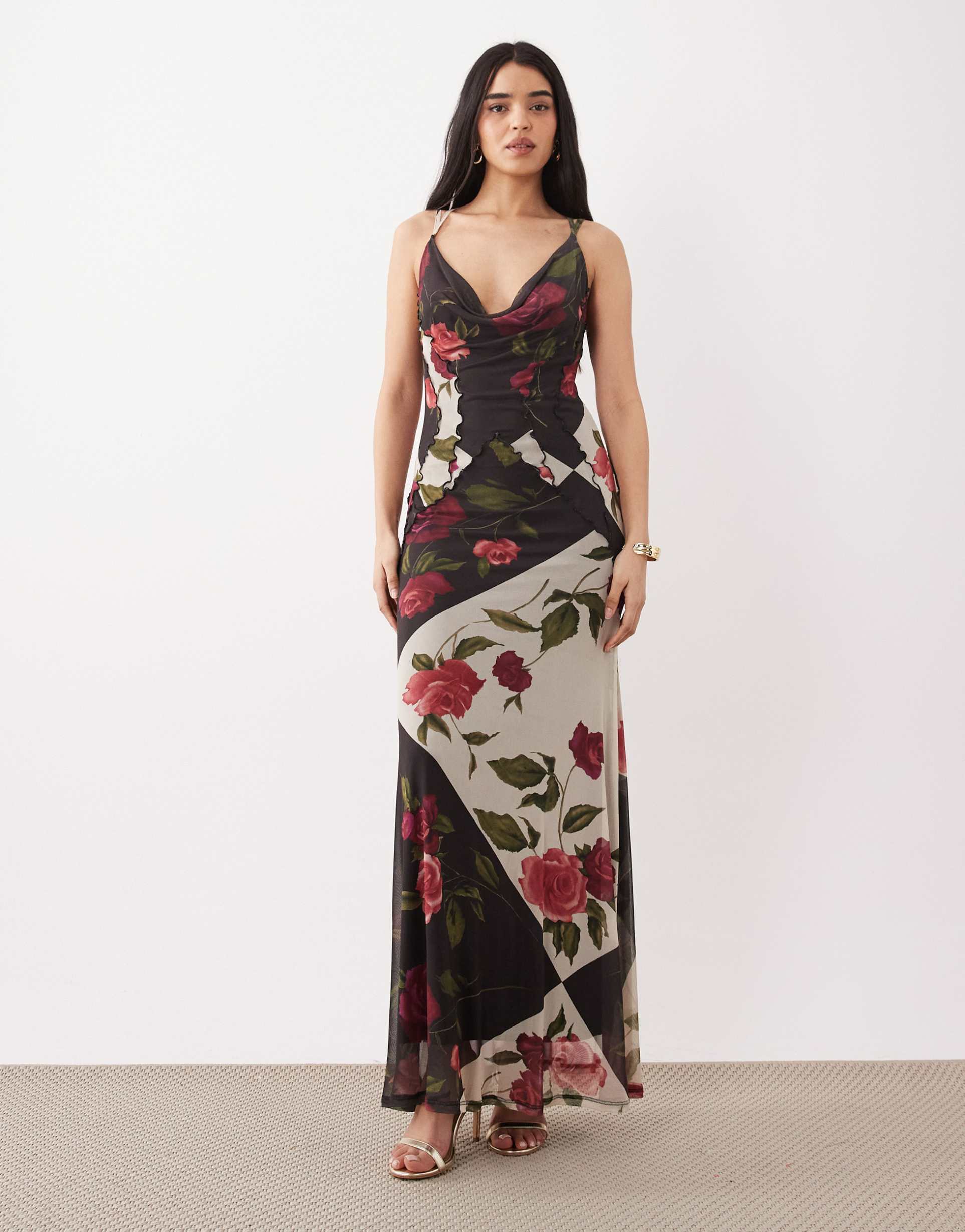 asos design mesh cowl neck maxi dress with exposed seams in patchwork floral print