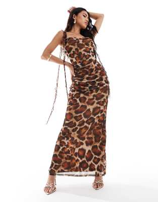 Asos Design Mesh Cowl Neck Softline Midi Dress With Waterfall Ruffle Strap Detail In Animal Print-multi