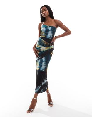 Asos Design Mesh Cowl Trim Maxi Dress In Green Marble Print-multi