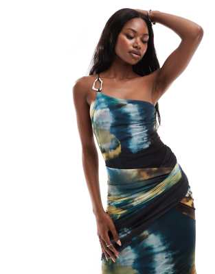 asos design mesh cowl trim maxi dress in green marble print