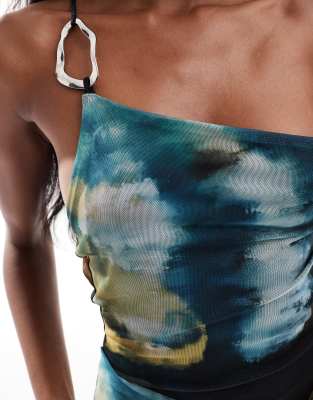 asos design mesh cowl trim maxi dress in green marble print