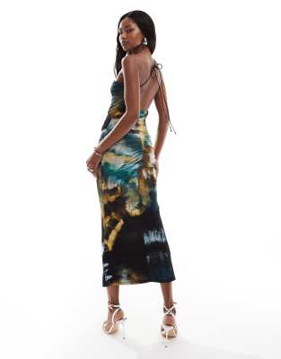 asos design mesh cowl trim maxi dress in green marble print