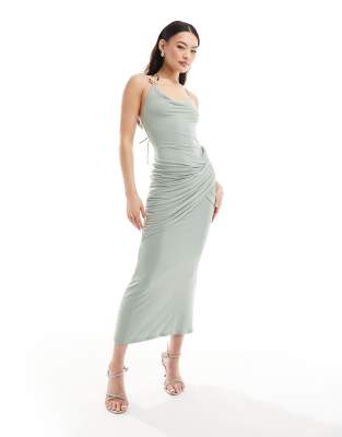 Asos Design Mesh Cowl Trim Maxi Dress In Sage Green-black