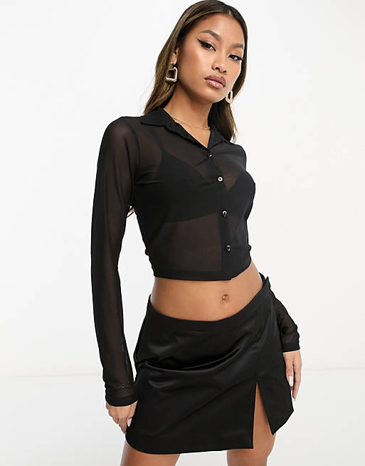 Shirts & Blouses/mesh crop fitted shirt in black 