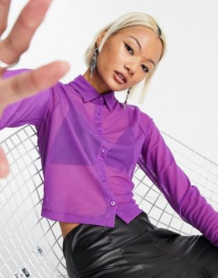 ASOS DESIGN mesh crop fitted shirt in purple - ASOS Price Checker