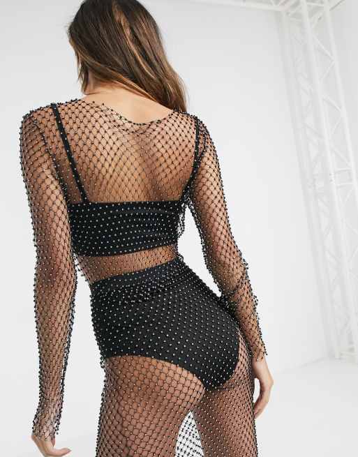 ASOS DESIGN - Mesh crop top met lange mouwen en versiering, 2 van 4