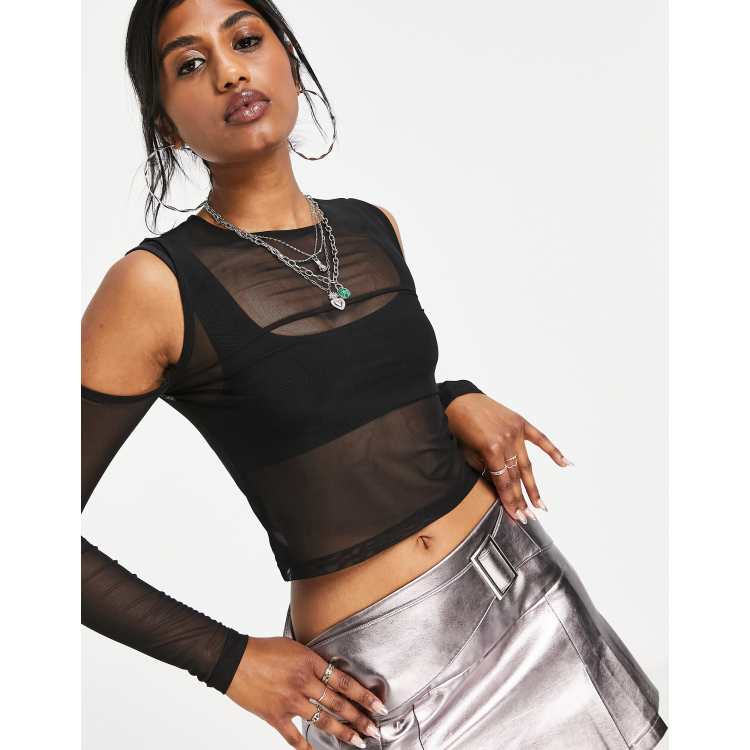 ASOS DESIGN mesh crop top with cold shoulder in black - BLACK