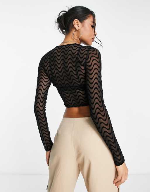 ASOS DESIGN square neck top with mesh sleeve in black