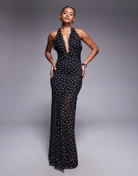 ASOS DESIGN mesh cross over halterneck detail maxi dress with sheer skirt in polka dot print - view 1