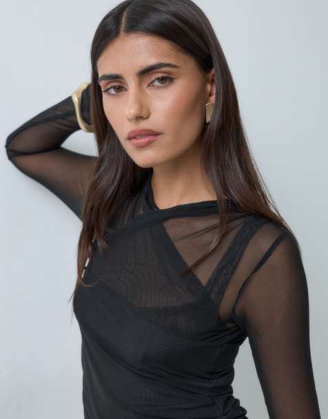 ASOS DESIGN mesh crossover drape long sleeve top in black - view 1
