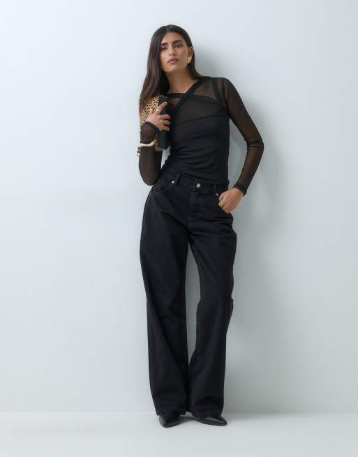 ASOS DESIGN mesh crossover drape long sleeve top in black, 2 of 5