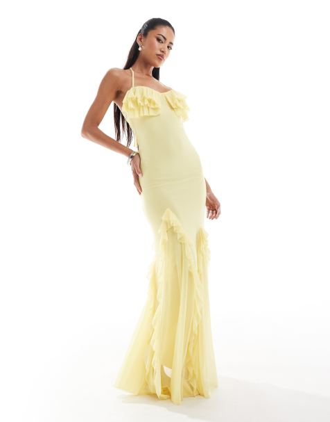 ASOS DESIGN mesh cup detail maxi dress with ruffle framed godets in pastel yellow - view 1