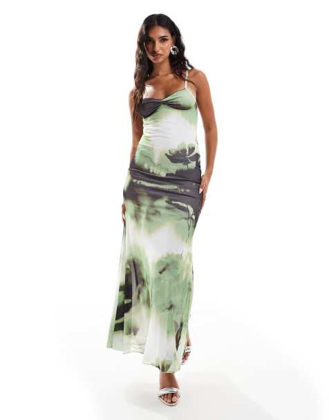 ASOS DESIGN mesh cupped detail fishtail maxi dress in green and black print - view 1