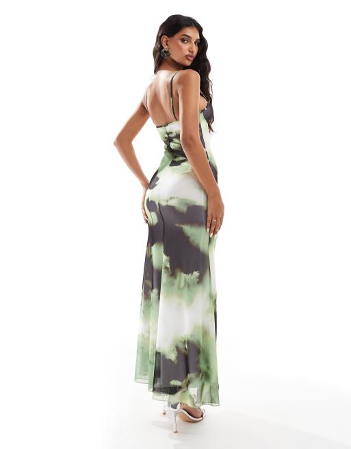 ASOS DESIGN mesh cupped detail fishtail maxi dress in green and black print ASOS