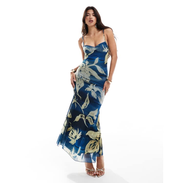 ASOS DESIGN mesh cupped detail fishtail maxi dress in oversized blue &  yellow floral | ASOS