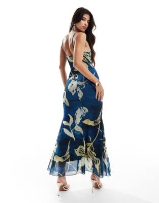 ASOS DESIGN mesh cupped detail fishtail maxi dress in oversized blue &  yellow floral | ASOS