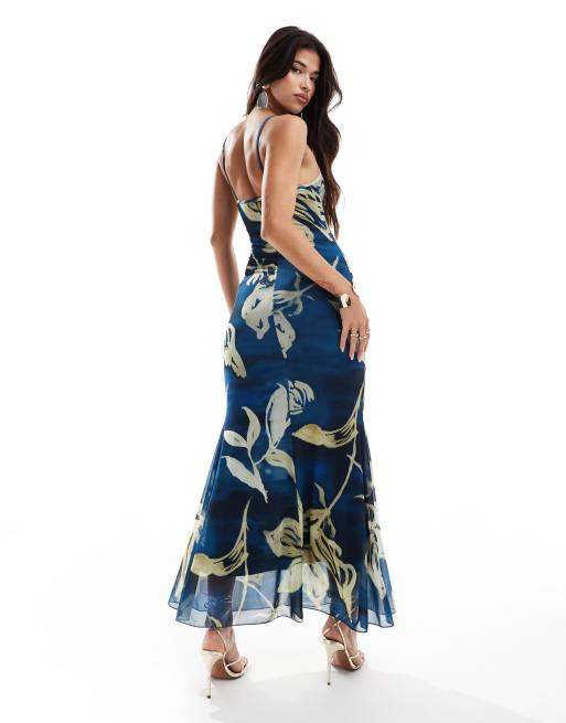 ASOS DESIGN mesh cupped detail fishtail maxi dress in oversized blue & yellow floral, 2 of 4
